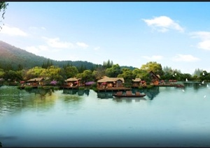 中式风格旅游渡假区滨水景观psd效果图