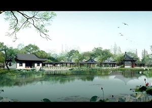 中式风格公园滨湖景观psd效果图