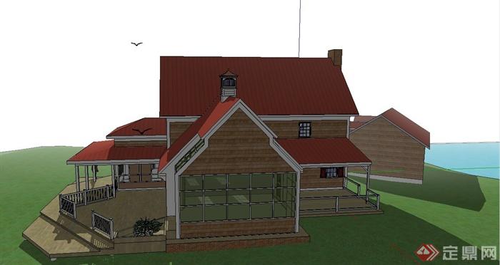 两层红色别墅建筑设计US模型(2)