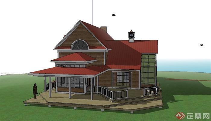 两层红色别墅建筑设计US模型(3)