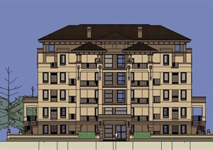 新古典双拼多层洋房住宅建筑设计SU(草图大师)模型
