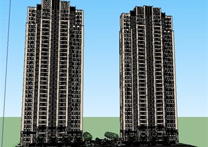 现代风格高层住宅楼建筑及大门设计SU(草图大师)模型