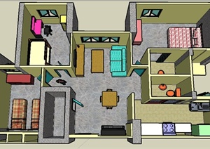 现代风格家装三居室室内设计SU(草图大师)模型