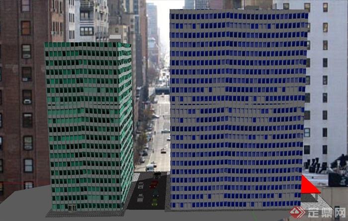 现代两栋方形高层办公建筑设计SU模型(1)