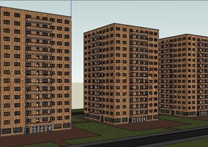 三栋高层住宅公寓楼建筑设计SU(草图大师)模型