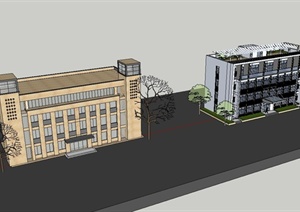 两栋现代四层办公楼建筑设计SU(草图大师)模型