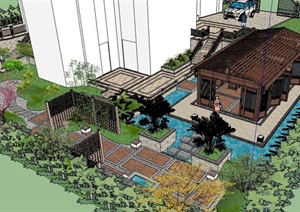 现代中式住宅庭院景观SU(草图大师)模型