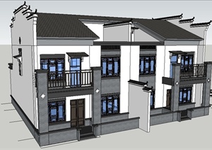 现代中式风格双拼住宅建筑设计SU(草图大师)模型