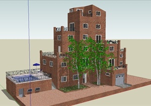 现代砖砌私人别墅住宅建筑设计SU(草图大师)模型