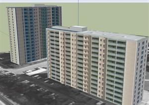 两栋住宅楼建筑设计SU(草图大师)贴图模型