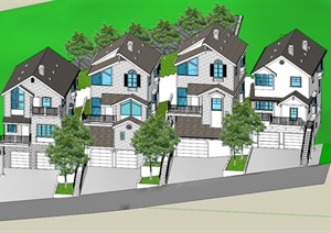 现代联排山地别墅建筑设计SU(草图大师)模型