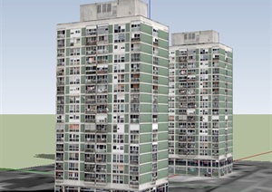 现代两栋高层住宅建筑设计SU(草图大师)模型