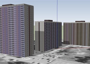 简约三栋高层住宅楼建筑设计SU(草图大师)模型