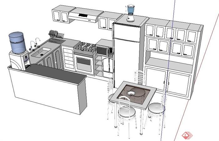 厨房整体橱柜及餐桌椅su模型(1)