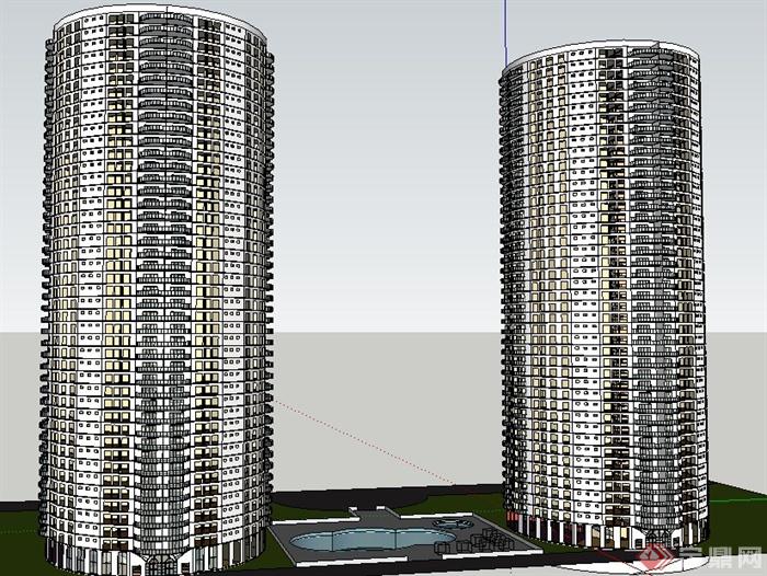 两栋圆柱体公寓住宅楼建筑设计su模型(1)