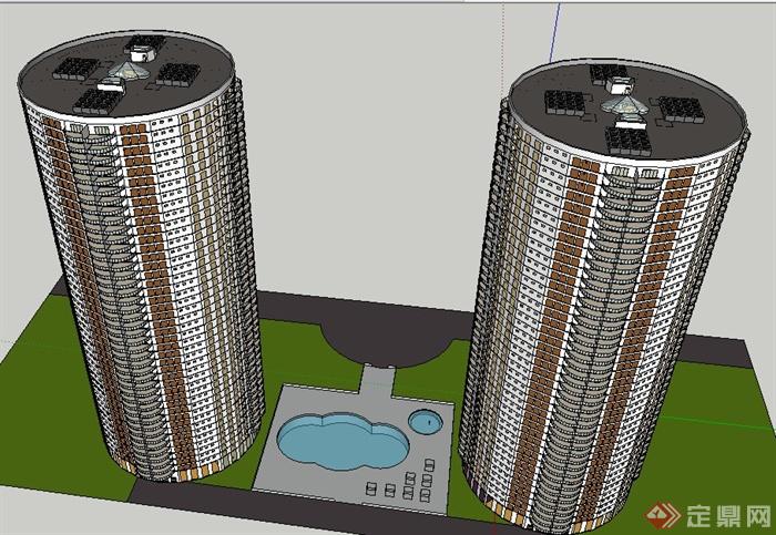 两栋圆柱体公寓住宅楼建筑设计su模型(2)
