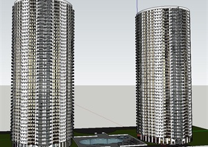 两栋圆柱体公寓住宅楼建筑设计SU(草图大师)模型