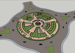 十字路口圆形广场景观设计SU(草图大师)模型