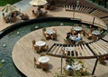 木平台,廊架,桌椅,景观水池,遮阳伞