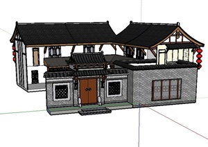 古典中式两层庭院住宅建筑设计SU(草图大师)模型