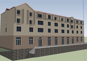 四层简洁公寓住宅楼建筑设计SU(草图大师)模型