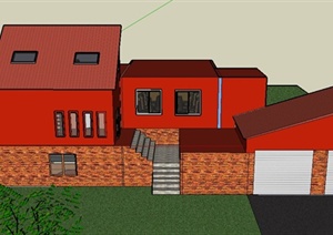 某单层组合红色住宅建筑设计SU(草图大师)模型
