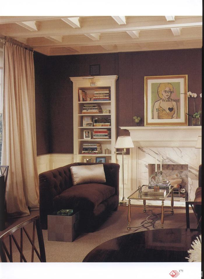 客厅,壁炉,书架,沙发,茶几,装饰画