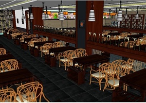 中式风格二层餐厅室内设计SU(草图大师)模型