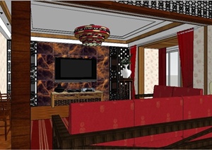 中式风格复式家装客厅室内设计SU(草图大师)模型