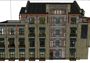 某欧式四层带露天阳台商业建筑设计SU(草图大师)模型