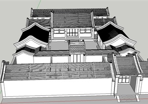 古典中式单层四合院建筑设计SU(草图大师)模型