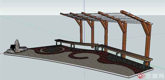 休闲区现代廊架及坐凳组合su模型(1)