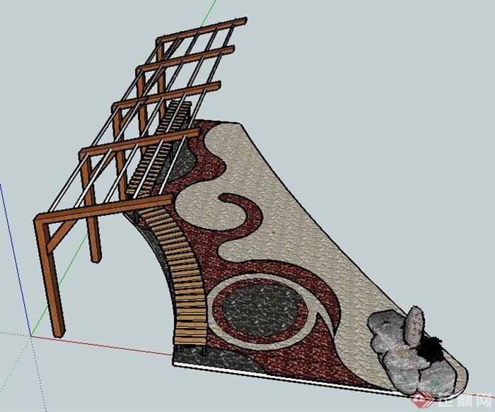 休闲区现代廊架及坐凳组合su模型(2)