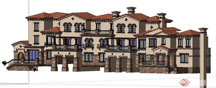 西班牙风格拼接别墅建筑设计su模型(3)