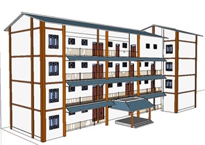 现代中式风格四层教学楼建筑设计SU(草图大师)模型