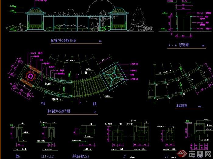 园路景观弧形廊架与亭子组合设计CAD大样图(1)