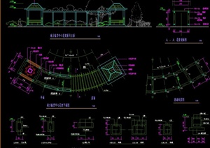 园路景观弧形廊架与亭子组合设计CAD大样图
