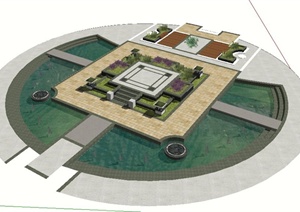 现代风格圆形喷泉水池及种植池SU(草图大师)模型