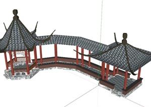 古中式双亭廊道组合设计SU(草图大师)模型