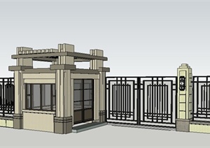 新古典风格岗亭及大门围墙SU(草图大师)模型