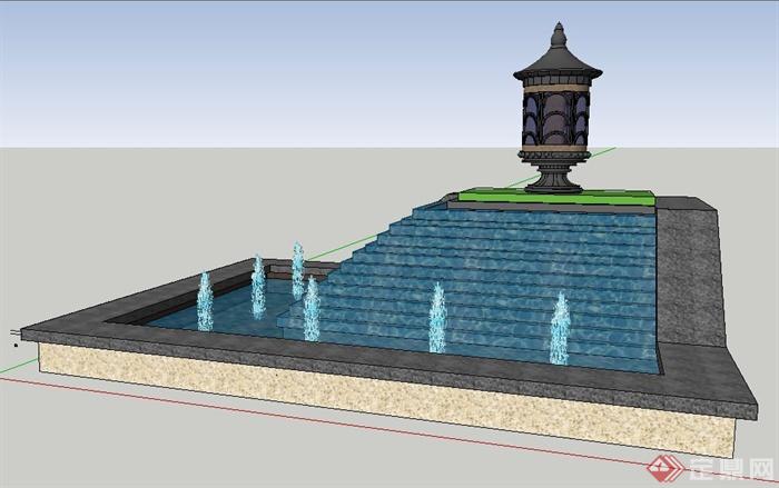 新古典叠水景观池su模型(2)
