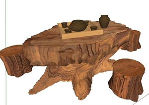 中式根雕茶桌凳SU(草图大师)模型