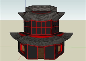某两层黑红色六角塔楼建筑设计SU(草图大师)模型