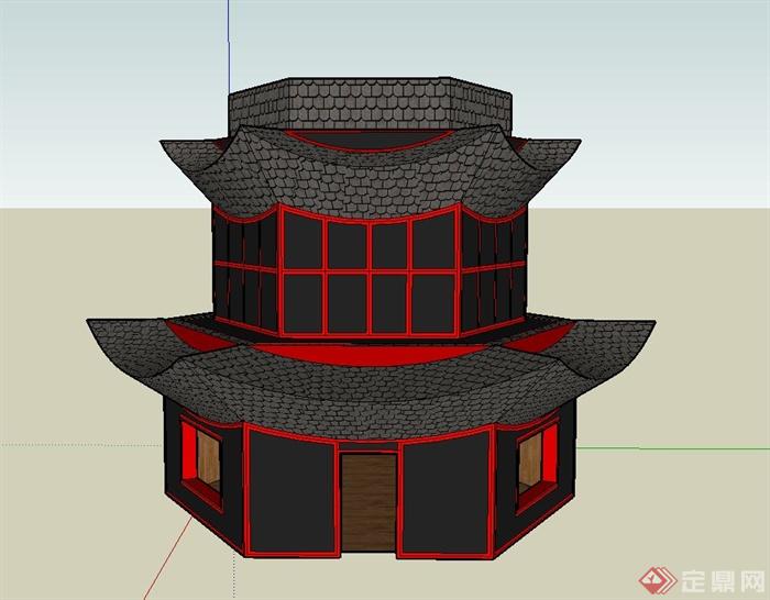 某两层黑红色六角塔楼建筑设计SU模型(1)