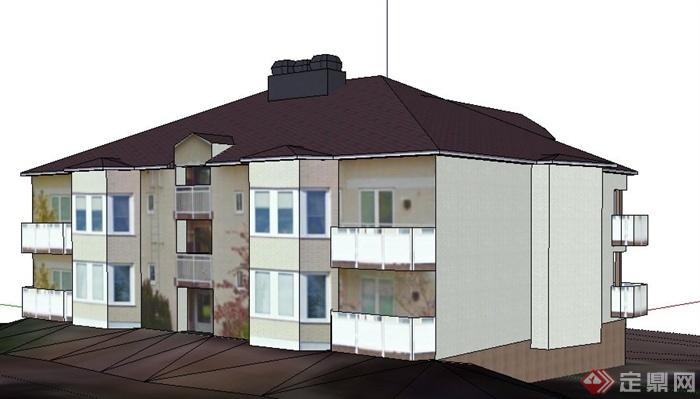 现代风格组合民居住宅建筑设计su模型(1)