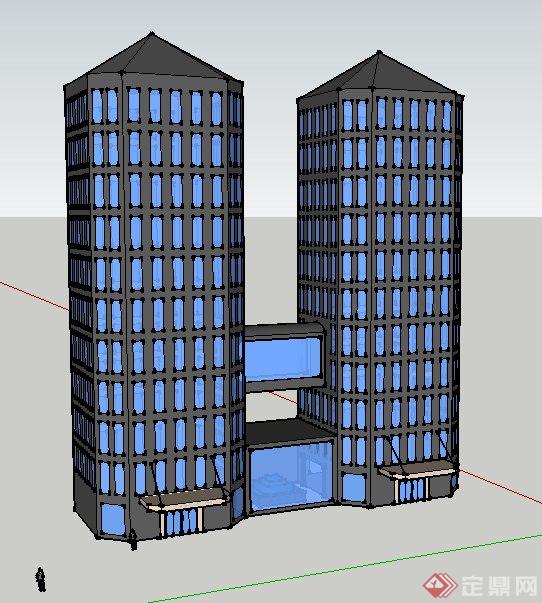 现代双塔状酒店建筑设计su模型(1)