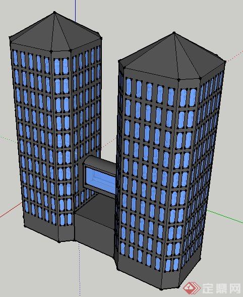 现代双塔状酒店建筑设计su模型(2)