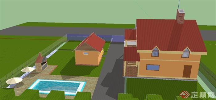 某两层乡村别墅建筑设计SU模型(3)