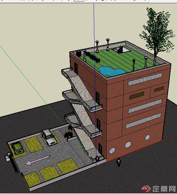 现代三层公寓建筑设计su模型(2)