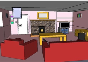 现代风格客厅及厨房室内设计SU(草图大师)模型